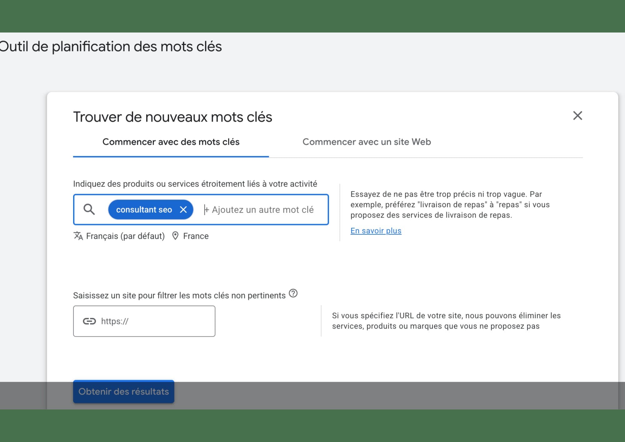 Outil de planification des mots-clés Google, sur Nice