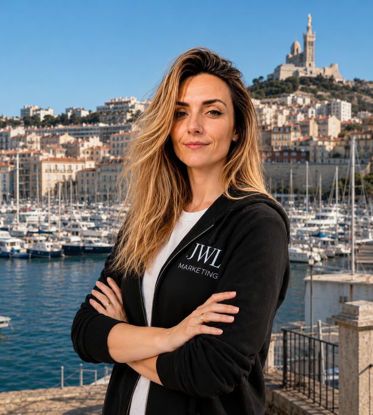 Jodie Lapaillerie — Consultante SEO Marseille, devant le Vieux-Port et Notre-Dame de la Garde