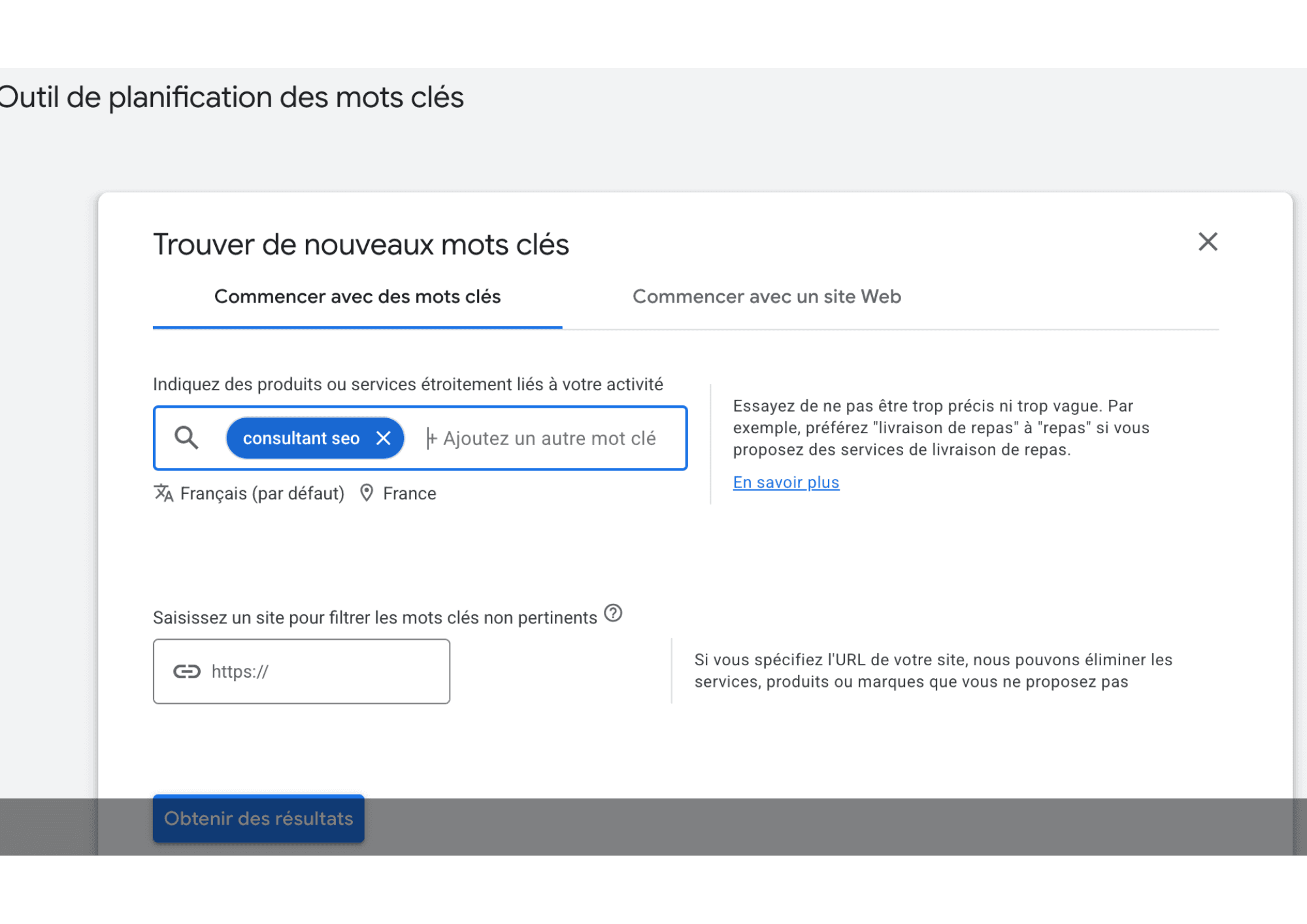 Outil de planification des mots-clés Google, sur Aix-en-Provence